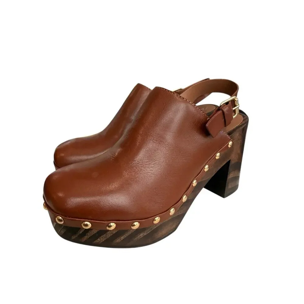 Matisse Brown Leather Platform Clogs LIBERTY Gold Studded Wood Heel Mule Size 8M - Picture 3 of 13